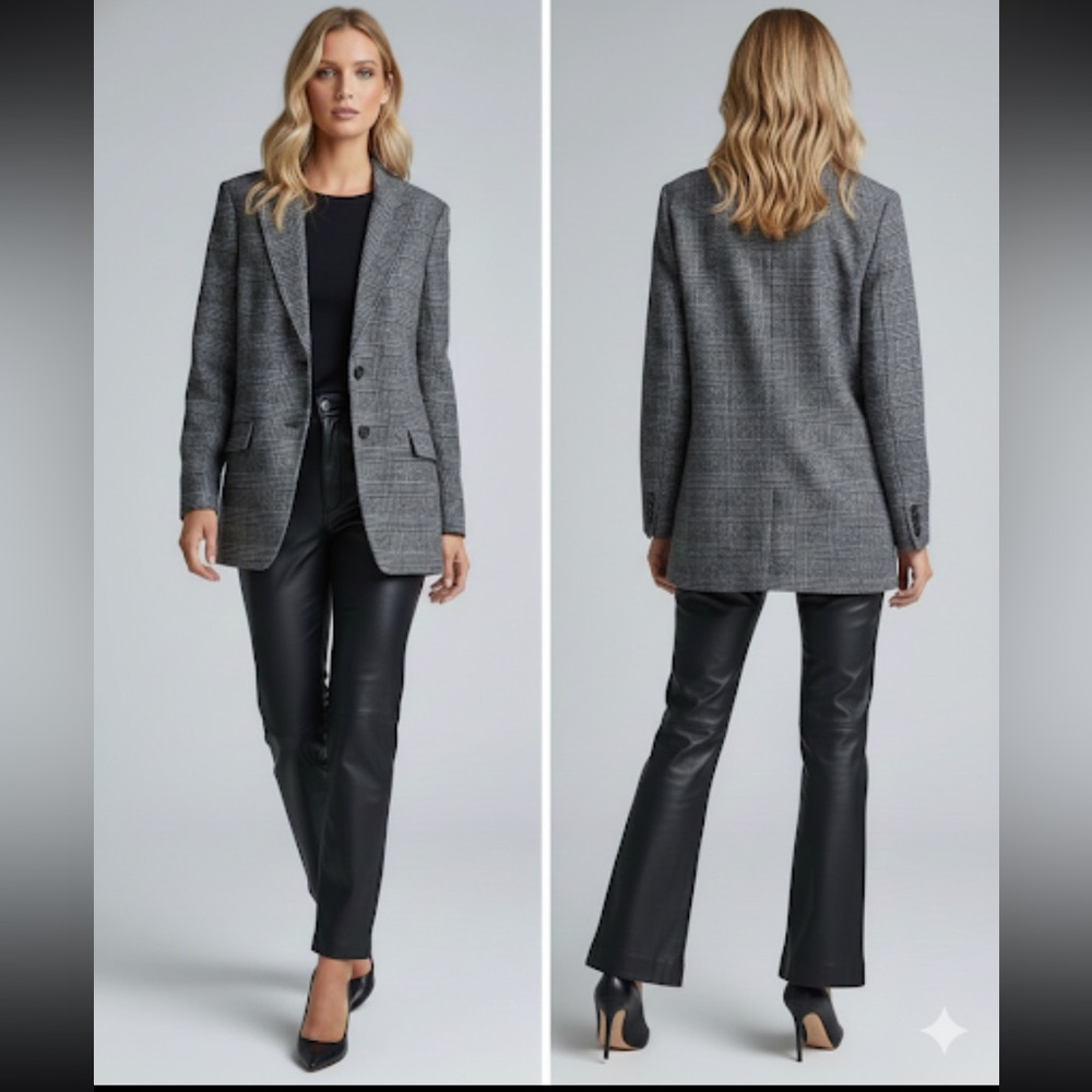 Everlane Wool The Oversized Blazer in Glen Plaid In Grey Black Preppy Size 12